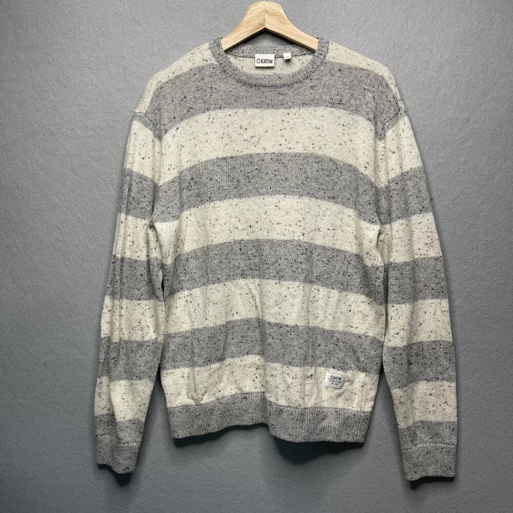 Katin Mens Striped Knit Sweater LG Gray & White Speckled Wool Blend Crewneck